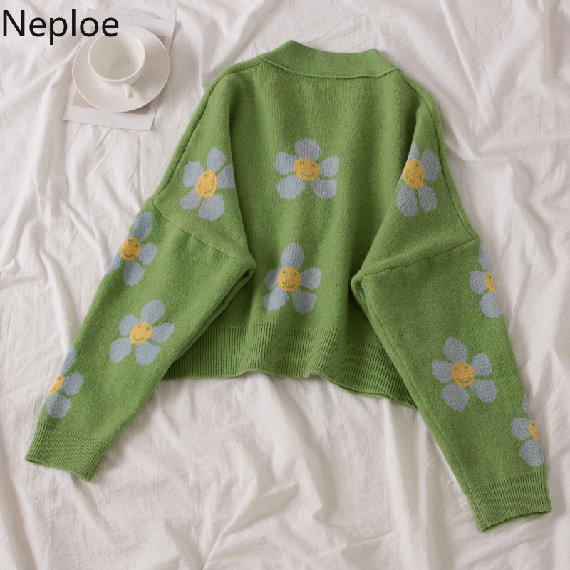 Neploe Preppy Style Flower Knit Cardigans Sweater Women V Neck Loose elegaht Thicked Pull Femme Print Short Casual Coat 46565 T200319