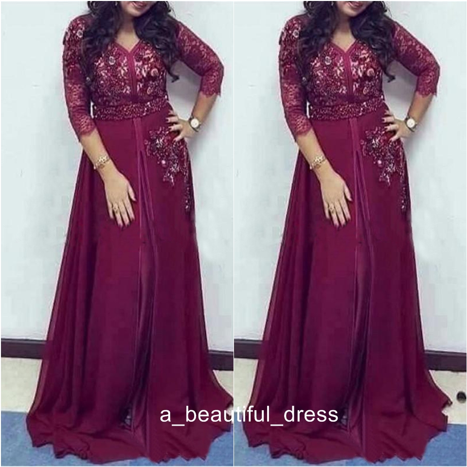 Burgundy Lace Chiffon Prom Formal Dresses with Sleeves Modest Beaded Crystal Dubai Arabic Plus Size Occasion Evening Wear Gowns ED1161