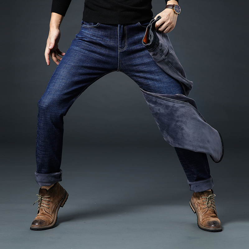 High Quality Winter Warm Men's Jeans Thick Stretch Denim Jeans Straight Fit Trousers Male Cotton Pants Men Large Size40 42 44 46Q190330
