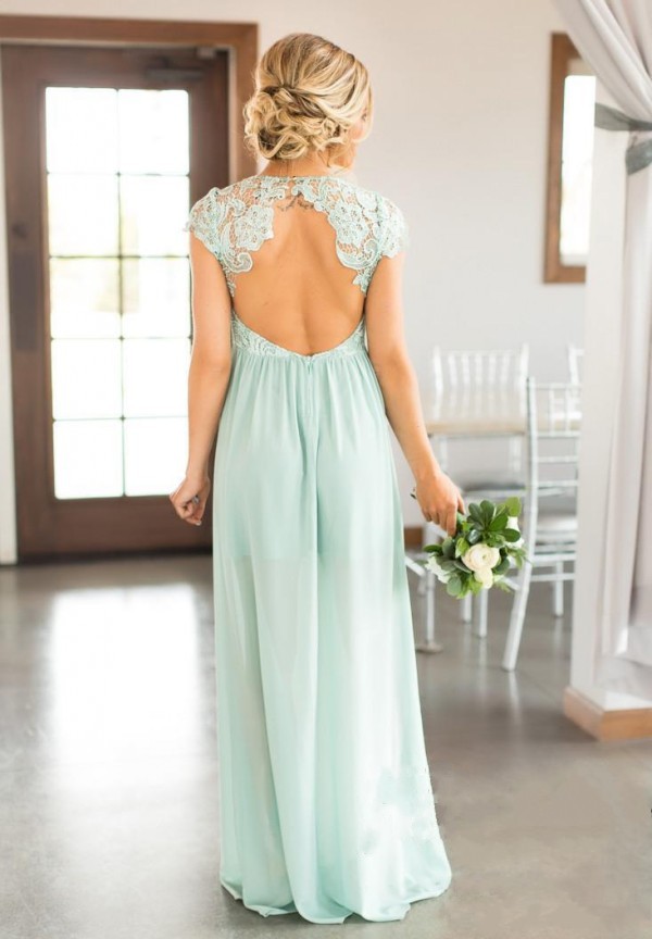 Spring 2019 Mint Sage Green Bridesmaid Dresses Long Jewel Neck Capped Sleeves Open Back Lace and Chiffon blush vestidos de dama de honor