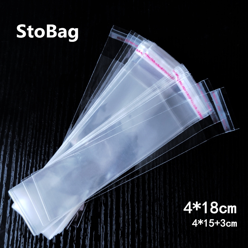 

StoBag 1000pcs 4*18cm Clear Self-Adhesive Slender Bag Candy Cookie Gift Jewelry Packaging OPP Long Plastic Bag Resealable