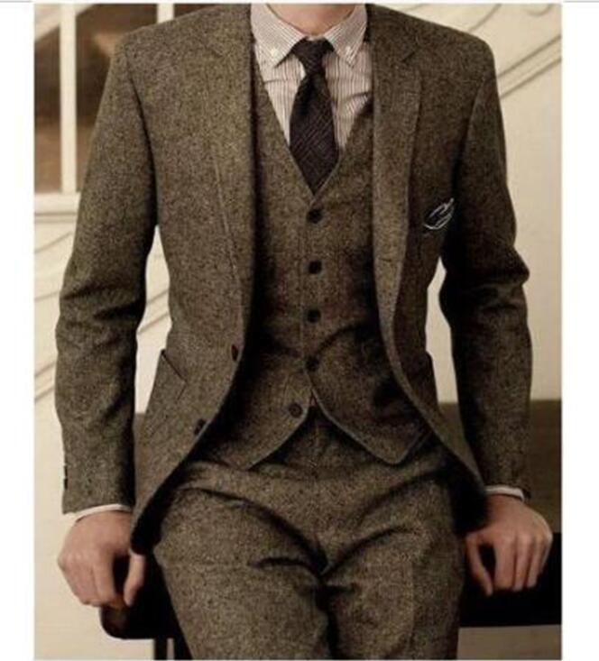 Vintage Mens Suits Wool Tweed 3-Piece Brown Khaki Herringbone Suit Custom Slim Fit Groom Wear Wedding Tuxedos