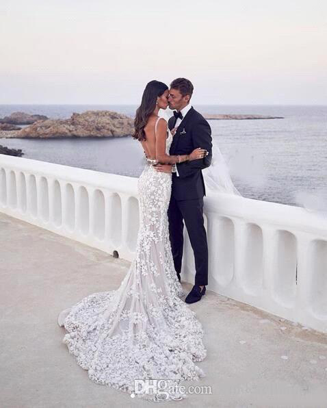 Romantic Lace Mermaid Wedding Dresses V Neck Backless Floor Long Wedding Dresses Bridal Gowns Vestidos de novia BC3071
