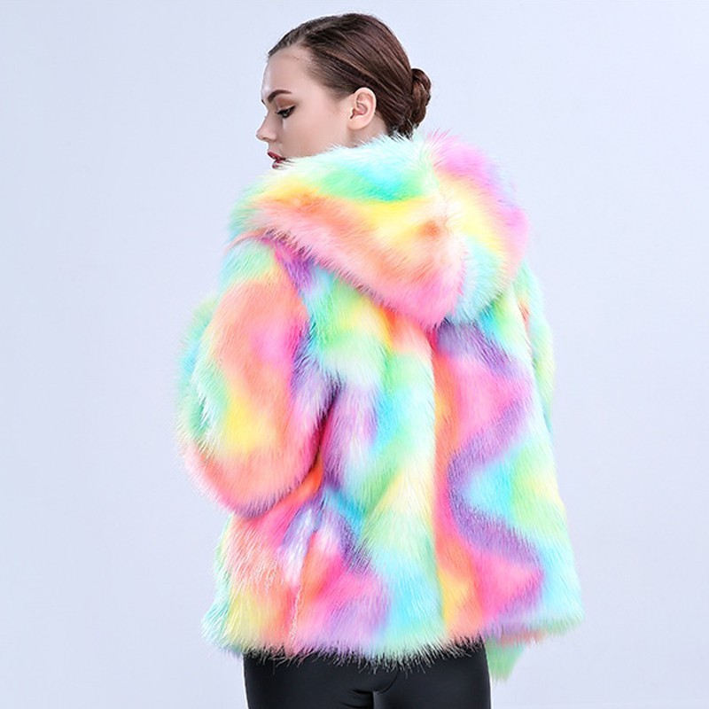 NEW 2018 Autumn Winter Woman Fashion Rainbow Color Faux Fur Jacket Parka With Hood Warm Imitation Fur Coats Female Ls2291