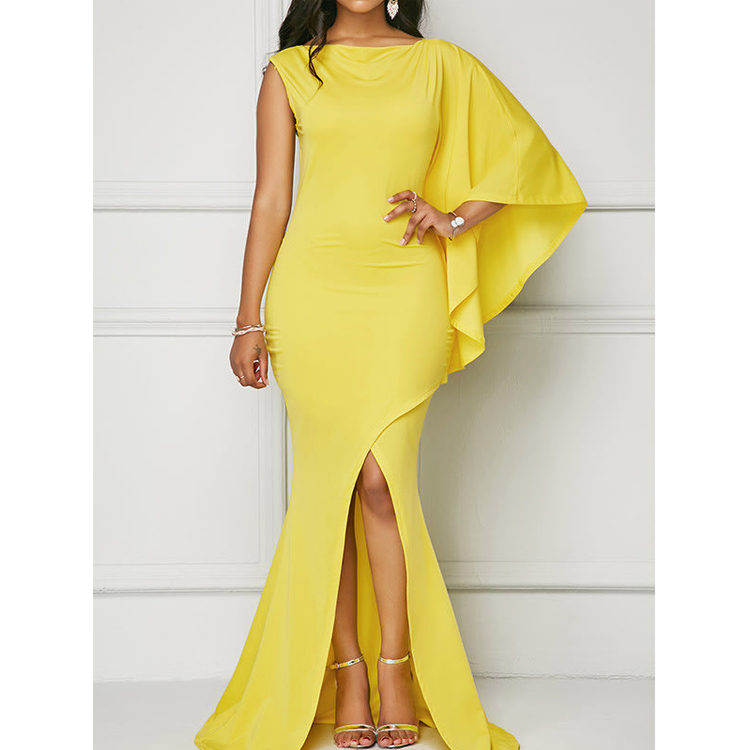 Bright Yellow One Sleeve Evening Dresses 2019 Chiffon Slim Fit Split Mother Of Bride Dresses Floor Length Party Prom Gowns