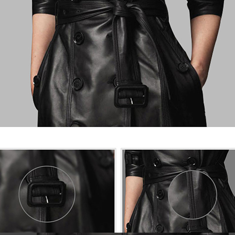 Black Faux Leather Long Jacket Women Casual Double Breasted Windbreaker Fall Fashion Coat B4