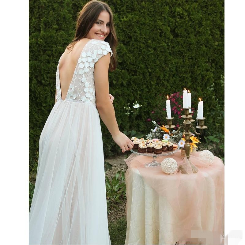 D Ral Applique Country Dresses Sexy Backless Short Sleeves Sweep Train Tulle Plus Size Wedding Gown Vestido De Novia