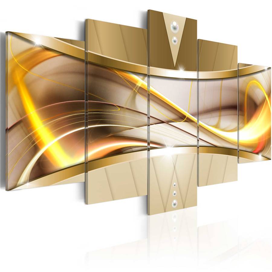 Fashion Wall Art Canvas Painting 5 Pieces Grey Yellow Purple Abstract Gold Line Modern Home Decoration, No Frame