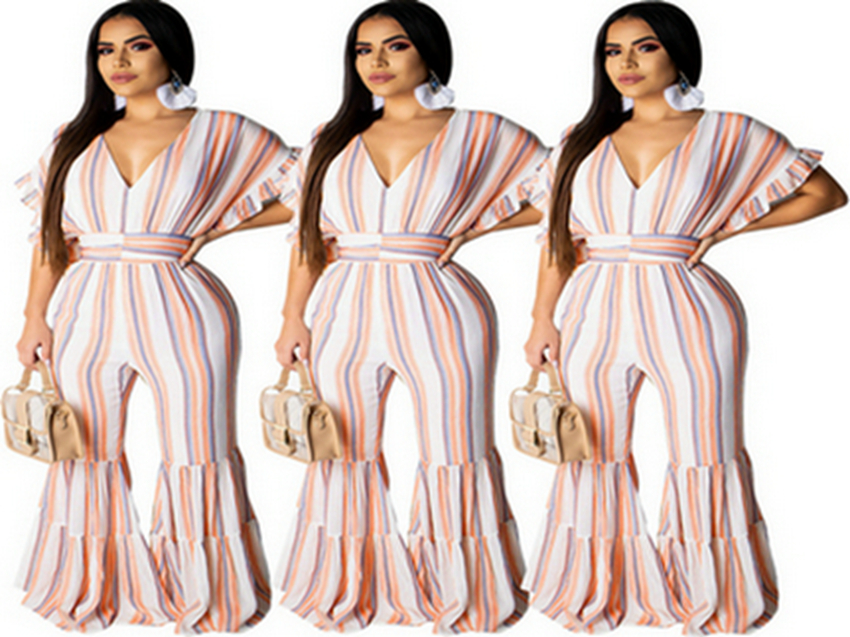 Jumpsuits European spring and summer temperament women's print large swing sleeve striped jumpsuit support mixed batch