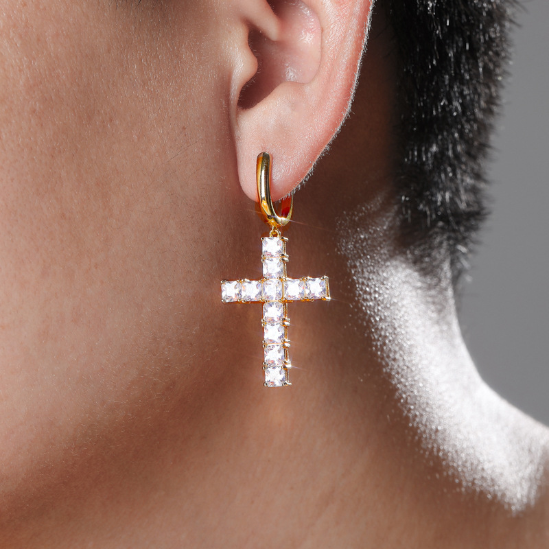 Hip Hop Shining Charm Cross Stud Earrings New Style Colorful Bling Zircon Dangle Earrings Platinum Plated Wholesale