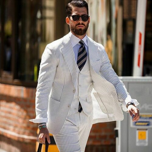 Cusatom Made 2020 Groom Tuxedos Mens Black Striped White Suits For Men Stylish 3 Pieces Formal Party Prom Tuxedos