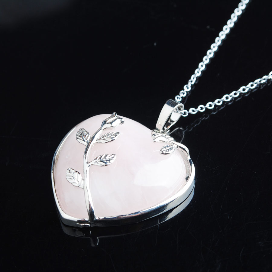 WOJIAER Love Heart Gem Stone Necklaces Pendant Natural Rose Quartz Stone Charms Bohemian Style Women Jewellery N3185