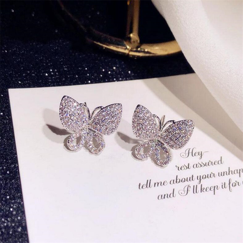 Sweet Cute Luxury Sparkling Jewelry 925 Sterling Silver Pave White Sapphire CZ Diamond Gemstones Women Butterfly Wedding Stud Earring Gift