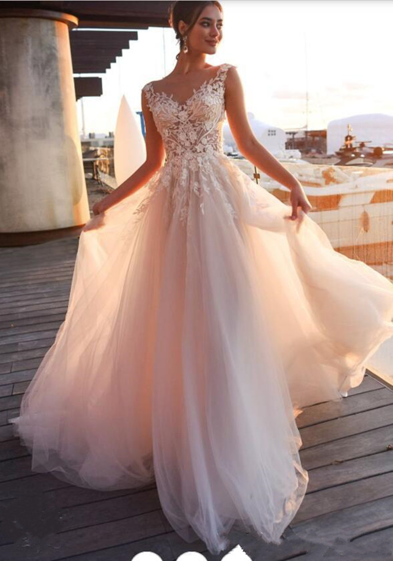 2020 New Elegant Blush Pink Lace Appliques A Line Wedding Dresses Sheer Scoop Neck Tulle Covered Button Tulle Long Wedding Gowns Customize
