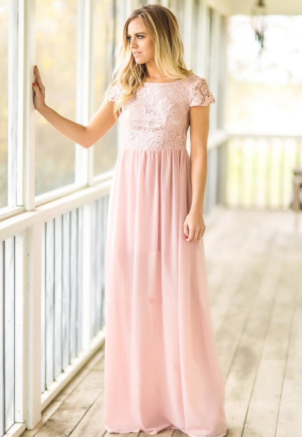 Spring 2019 Mint Sage Green Bridesmaid Dresses Long Jewel Neck Capped Sleeves Open Back Lace and Chiffon blush vestidos de dama de honor