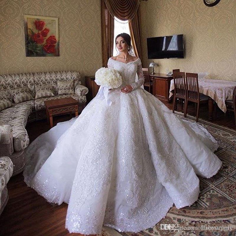 Ball Arabic Dubai Gown Dresses Off Shoulder Long Sleeve Lace Appliqued Sequins Wedding Dress Bridal Gowns Plus Size s