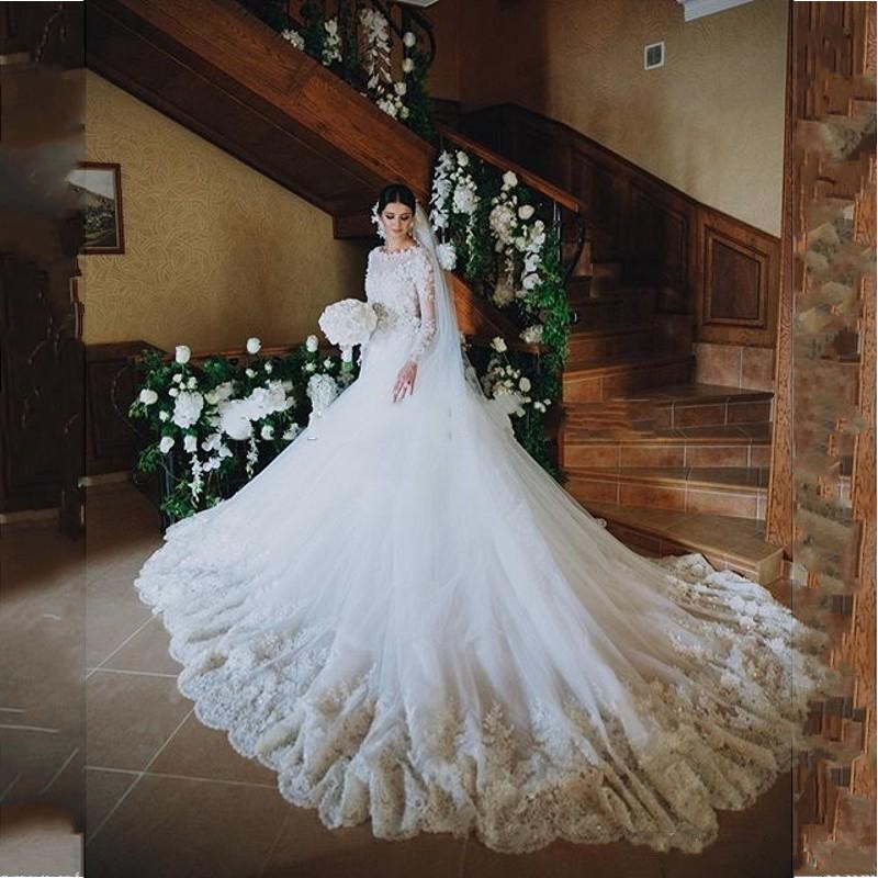 Arabic Style Bridal Wedding Dresses Online Pictures Princess Pretty 3D Lace and Tulle Long Sleeve Bridal Gowns Wholesale