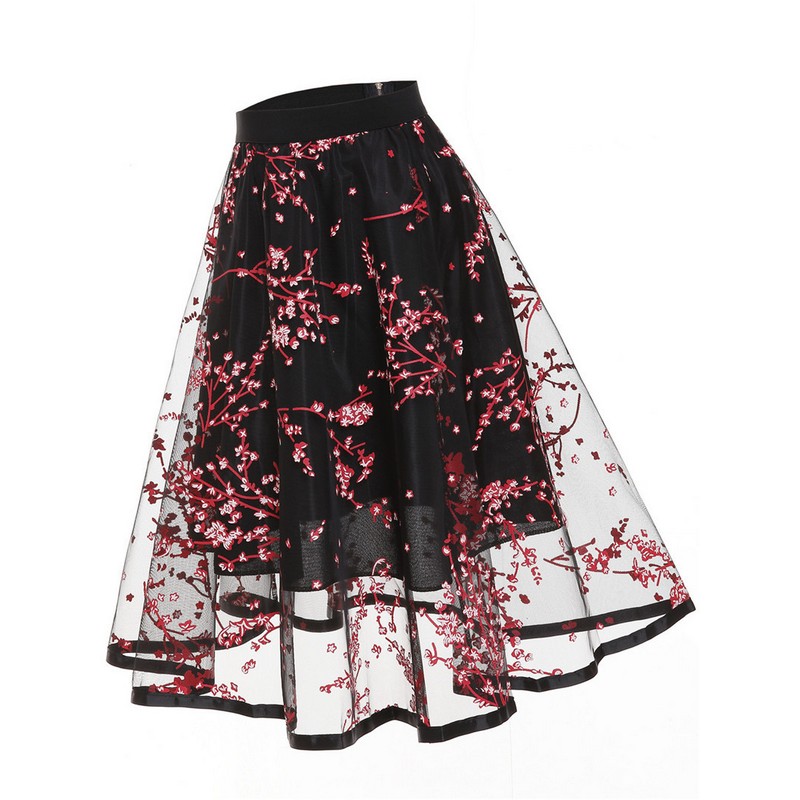 Women Casual Vintage Fashion European Style Fashion Floral Embroidery Elegant A-line Organza Tulle Skirt Black Red Green Drop Ship