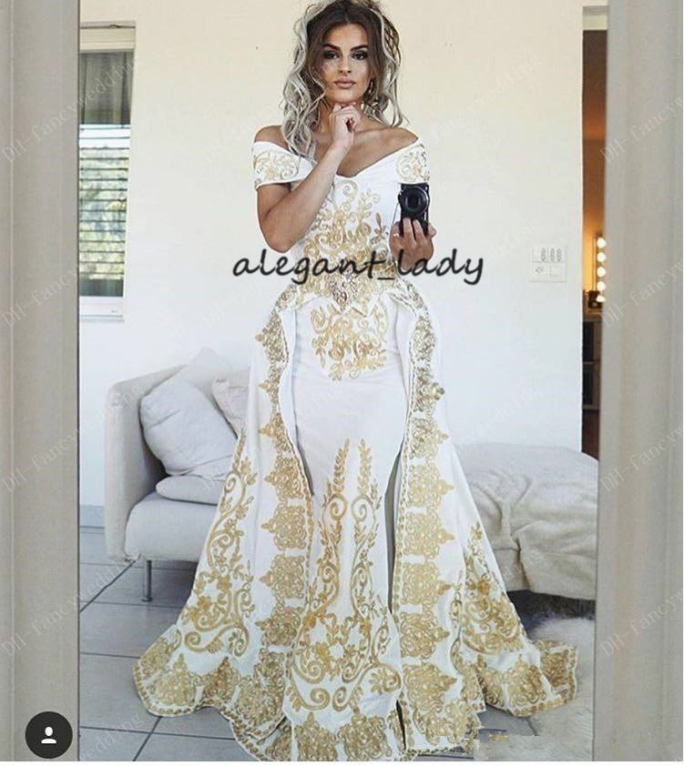 Luxurious Mermaid 2019 Arabic Evening Dresses Sweetheart gold lace Embroidery puffy skirt Satin Prom Dresses with Detachable Train