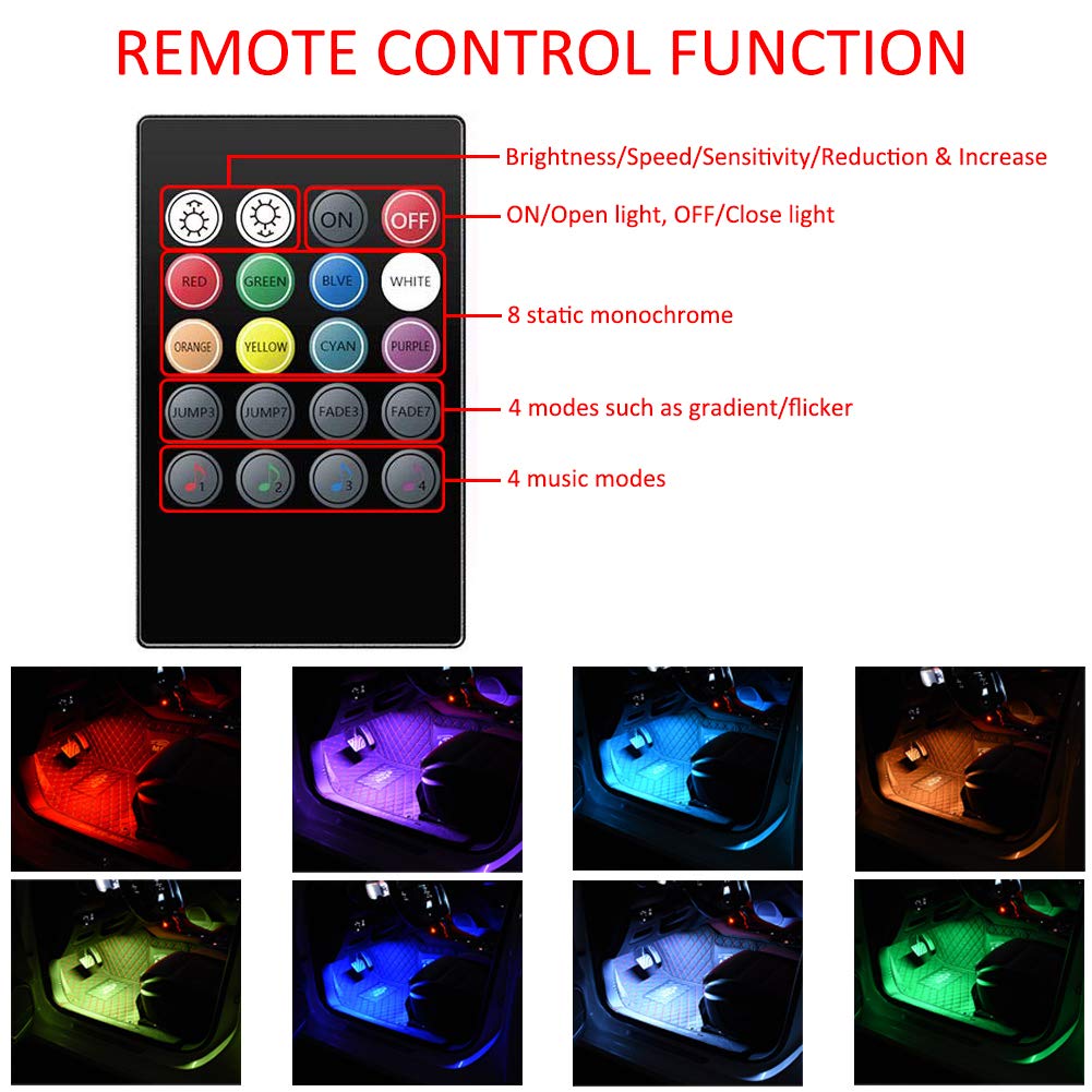 Car LED Strip Light 4Pcs 48 LEDs Multicolor Car Interior Light with Sound Active Function Wireless Remote Control Car Charger2019