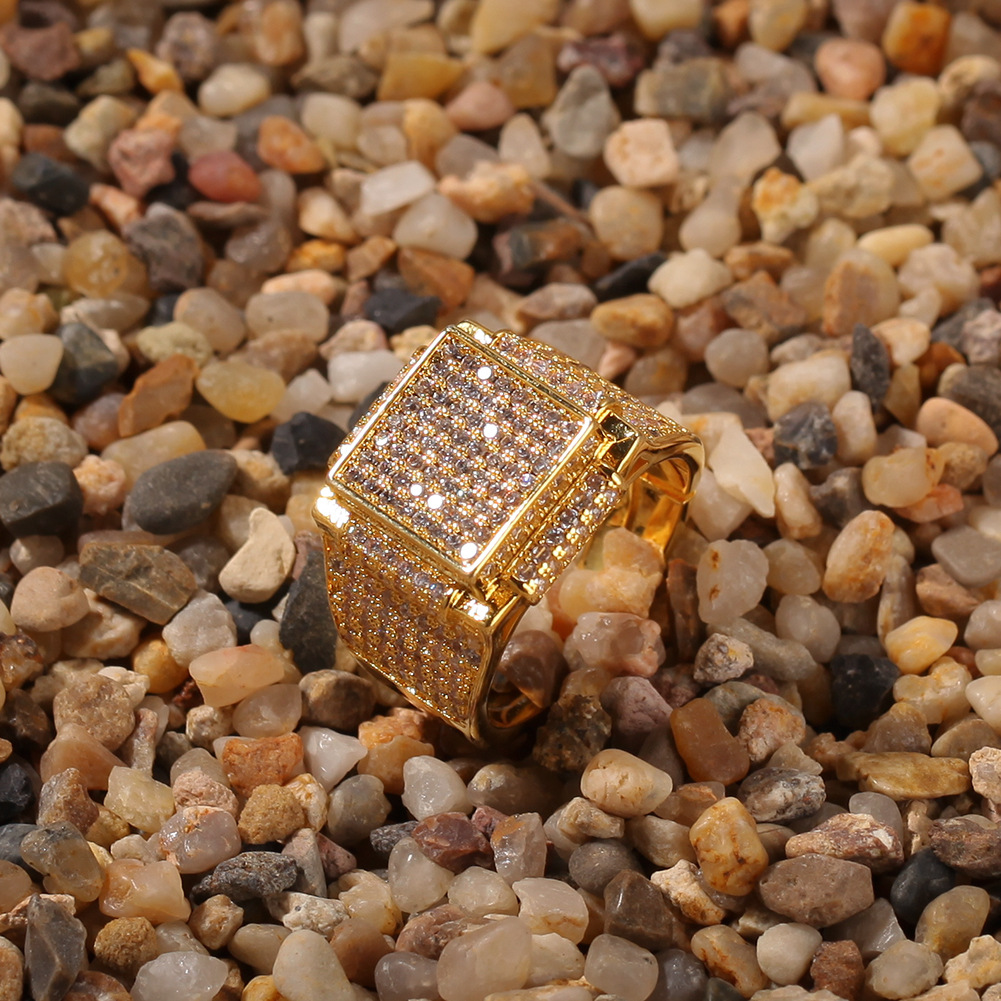 Men's Hip Hop Square Rings 18k Real Gold Plated Bling Cubic Zircon Diamond Finger Ring Jewelry Gift