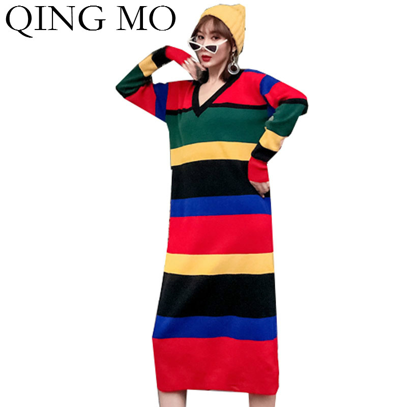 QING MO Autumn Women V Neck Sweater Dress 2020 Women Colorful Striped Dress Female Knitted Sweater Fit Body ZQY4583, Color stripes
QING MO Autumn Women V Neck Sweater Dress 2020 Women Colorful Striped Dress Female Knitted Sweater Fit Body ZQY4583, Color stripes