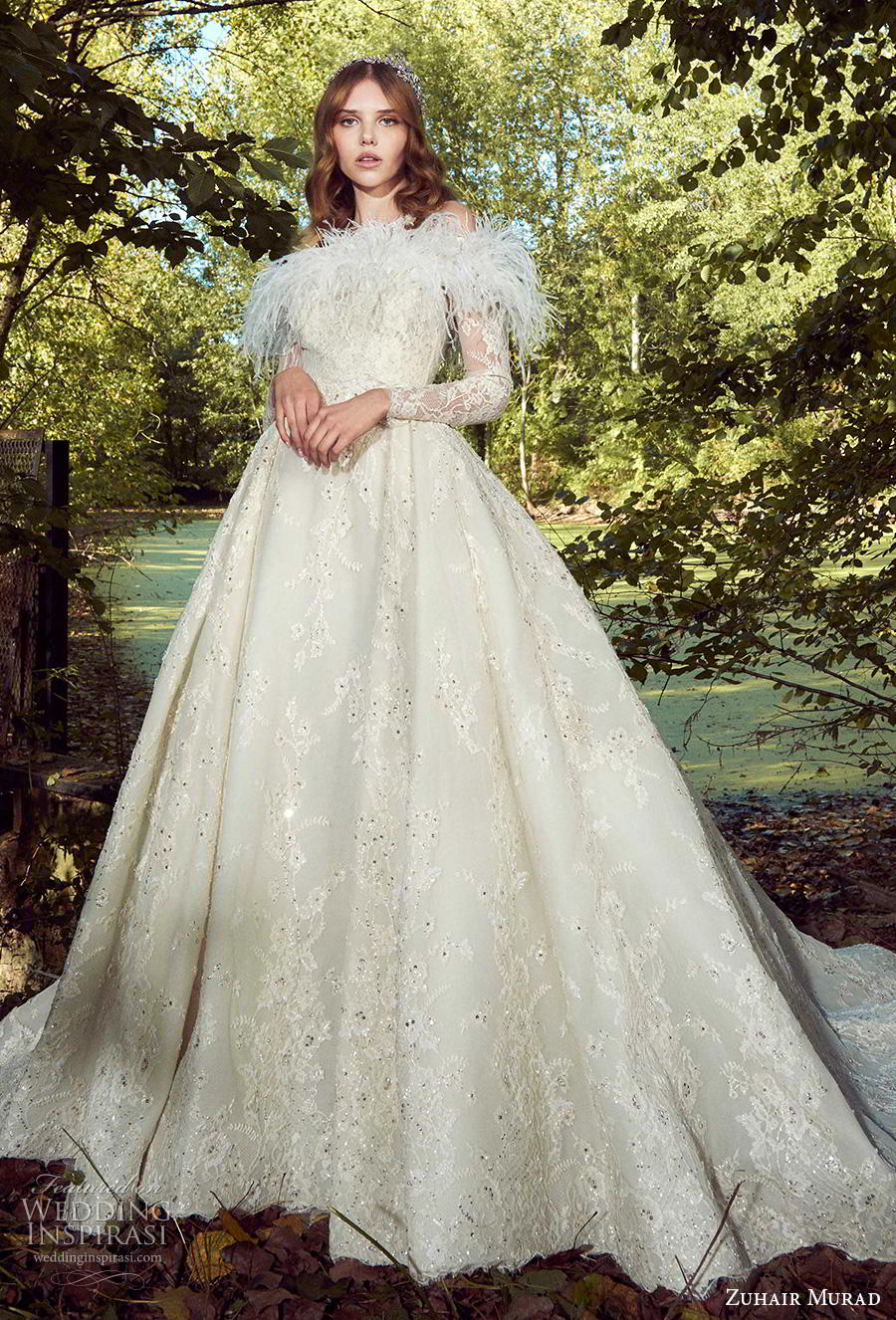 Zuhair Murad 2019 Wedding Dresses Off Shoulder Feather Lace Beads Long Sleeve Chapel Bridal Gowns Plus Size Beach robe de mariée