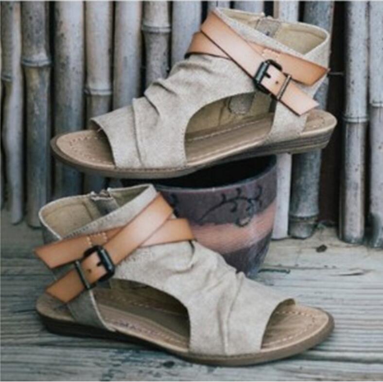 Hot Sale-als Fashion Canvas Peep Toe Women Sandals Open Toe Lace-up Flats Beach Casual Flip Flops