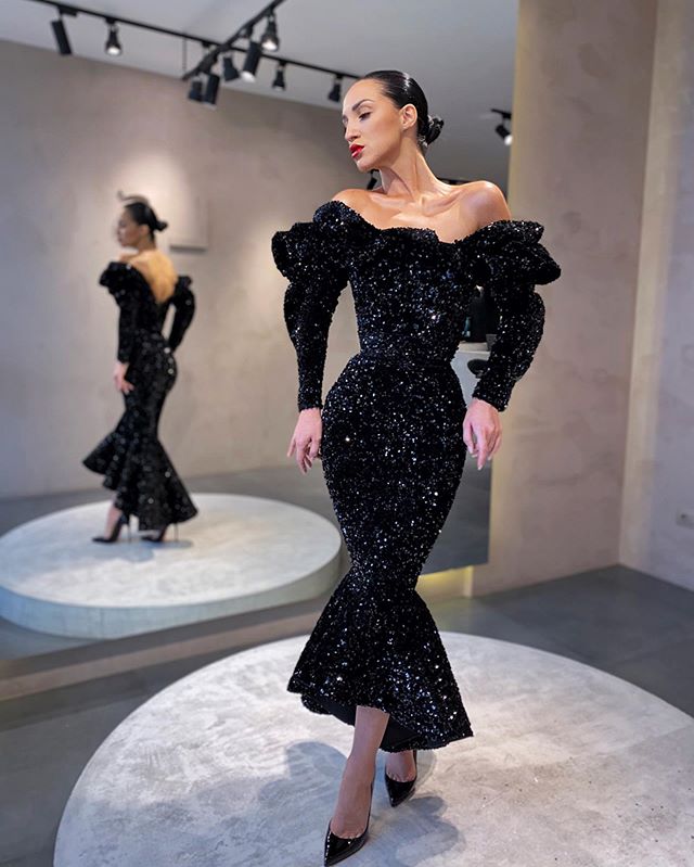 Black Sparkly Mermaid Prom Dresses Sequins Long Sleeve Off Shoulder Evening Dress Ruffles Tea Length Party Gowns
