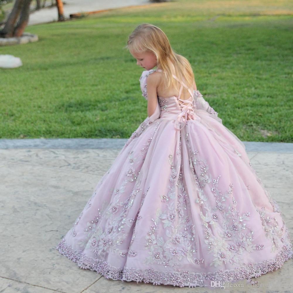 2020 Princess Spaghetti Strap Appliques Beaded Flower Girls Dresses Lace-up Back Pearls Long Ball Gown Girls Pageant Birthday Dress