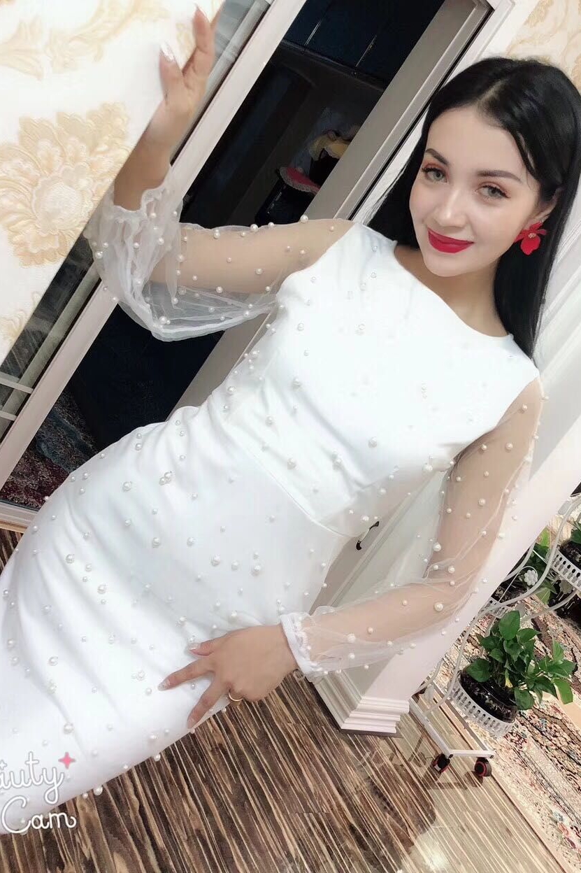 European design fashion womens new gauze patchwork long sleeve beading slim waist pencil knee length dress plus size SML