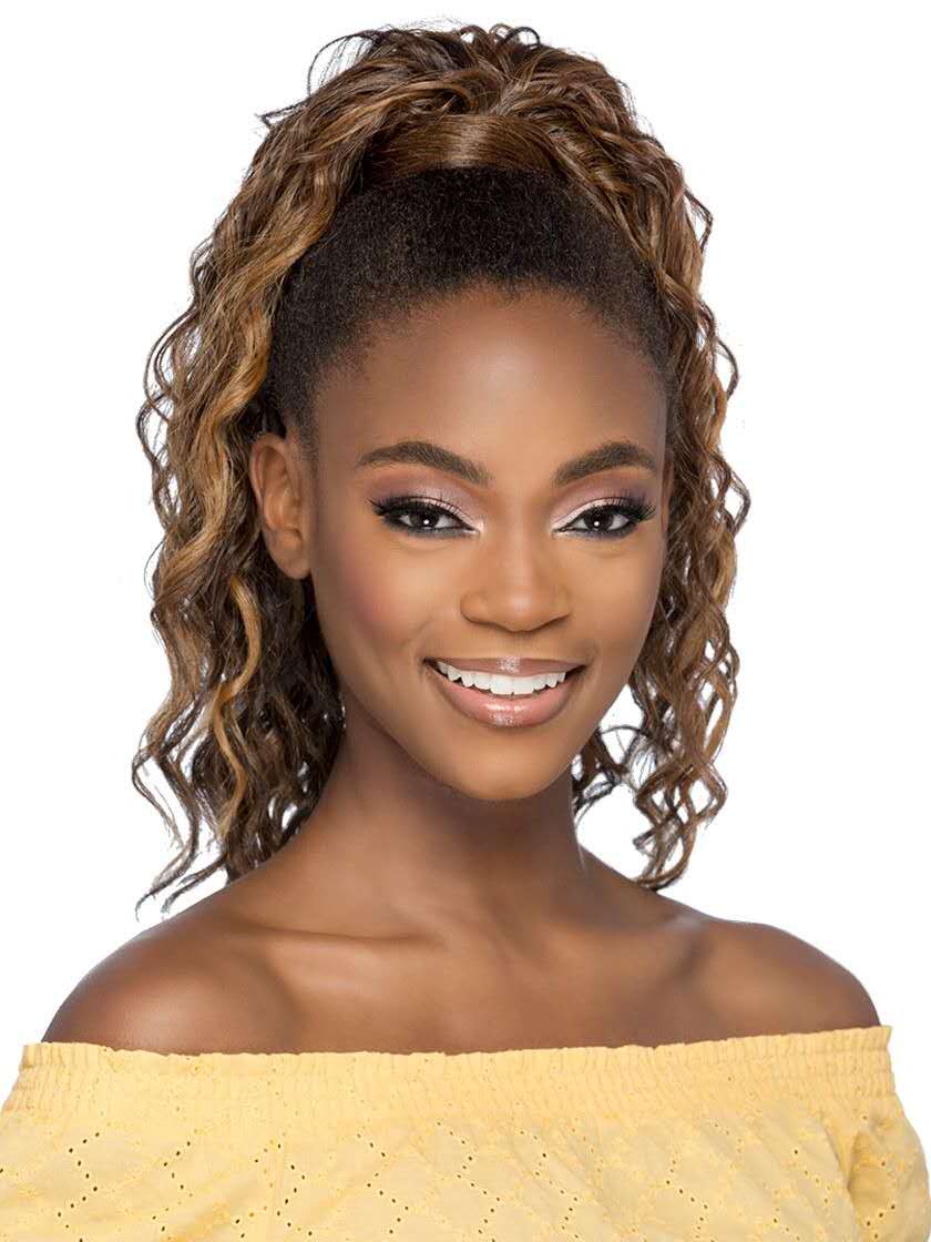 Natural highlights Medium length indian loose wave curly ponytail hairstyle for black women wrap around human hair pony tail hairpiece 120g