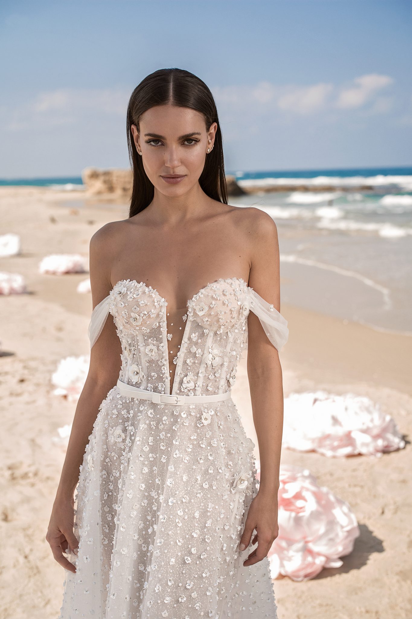 2019 Berta Boho Wedding Dresses Off The Shoulder Lace 3D Floral Applique Beaded Cheap Bridal Gowns A Line Custom Made Beach Wedding Dress