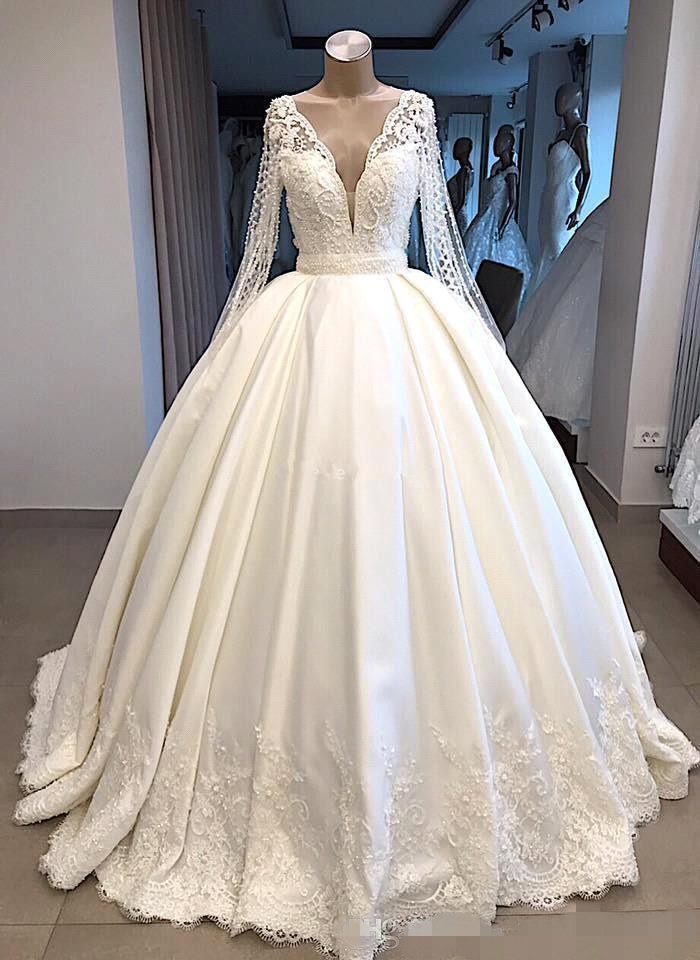 Modest Long Illusion Sleeves Ball Gown Dresses Plunging V Neck Covered Buttons Back Satin Lace Applique Sweep Train Wedding Gowns