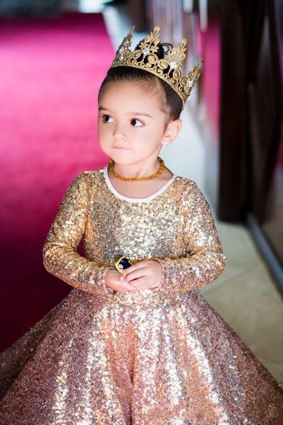 New Gold Sequined Ball Gown Pageant Dresses Jewel Neck Long Sleeves Open Back Sweep Train Kids Flower Girls Dress Birthday Gowns