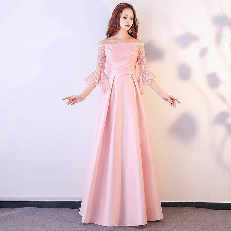 Pink Satin Long Bridesmaid Dress with Lace 2020 Floor Length Wedding Party Dresses Lace Up Bridesmaid Gowns