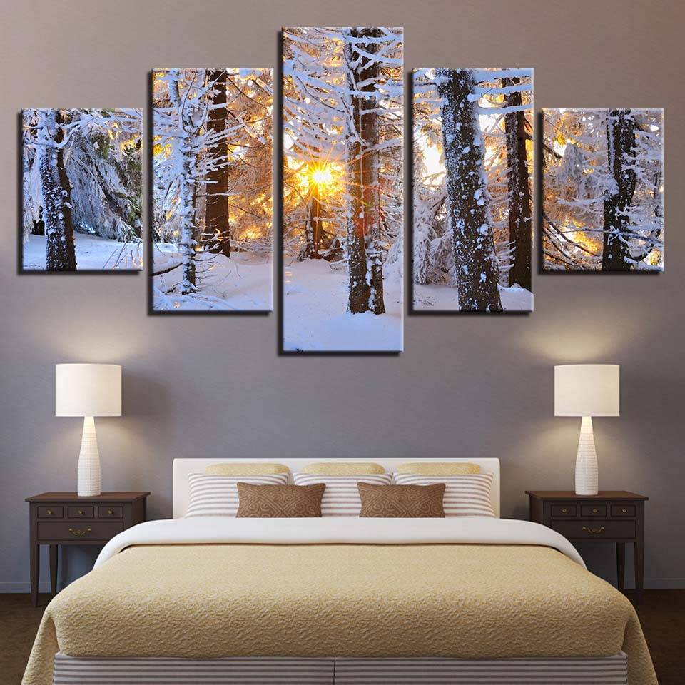 Modern Home Wall Art Decor Pictures 5 Pieces Sunrise Woods Snowfield Winter Landscape Painting Canvas For Living Room (No Frame)
