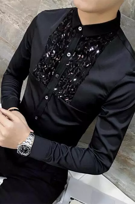 New Korean Brand Fashion Sequin Slim Fit Mens Lace Shirt Long Sleeve Men Dress Shirts Casual Designer Clothes Black White