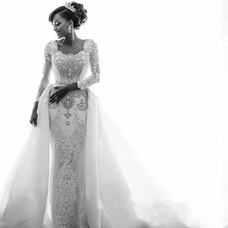 Beaded Gorgeous Mermaid Lace Wedding Dresses With Detachable Train Scoop Neck Pearls Bridal Gowns Long Sleeves Sequined Robes De Mari E