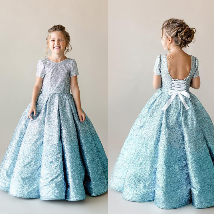 Light Blue Gradient Color Flower Dresses Sparkly Sequined Ball Gown Floor Length Girls Pageant Gowns Birthday Party Formal Wear