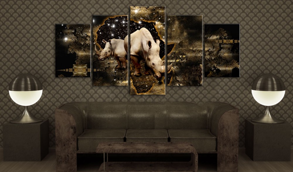 5 Pieces Fashion Wall Art Canvas Painting Abstract Golden Texture Animal Lion Elephant Rhinoceros Modern Home Decoration,Choose Color:3 And