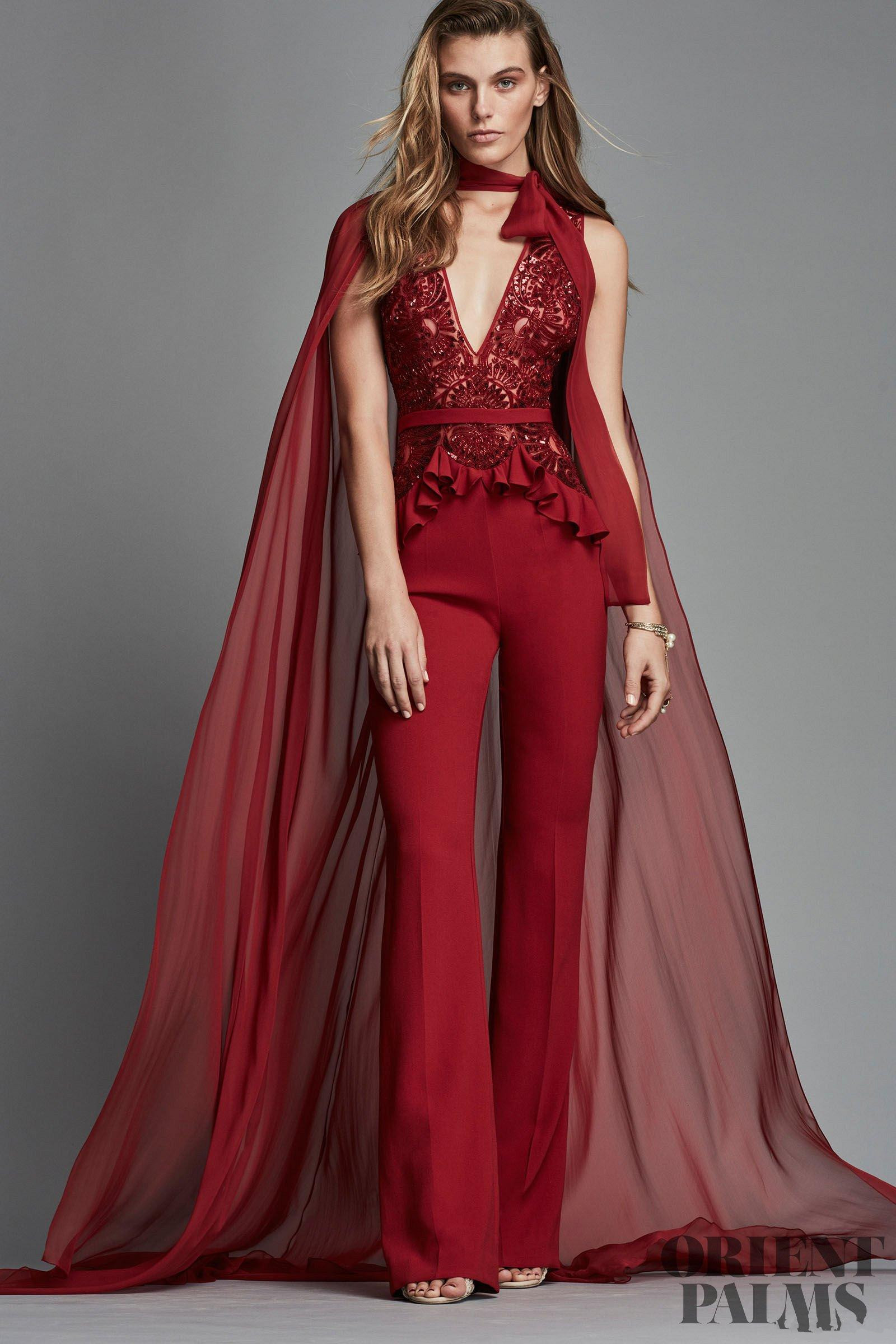 Red Jumpsuits Prom Dresses With Cape Sexy V Neck Lace Pants Evening Dress Fashion Zuhair Murad Formal Gowns Vestido De Festa
