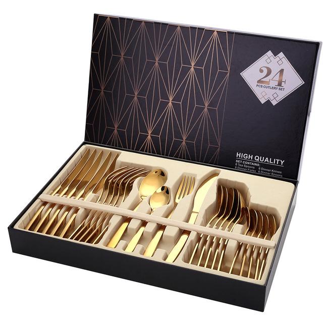 24PCS Gold Cutlery Dinner Set Tableware Cutlery Set Dishes Knives Forks Spoons Western Kitchen Dinnerware Stainless Steel Home
24PCS Gold Cutlery Dinner Set Tableware Cutlery Set Dishes Knives Forks Spoons Western Kitchen Dinnerware Stainless Steel Home