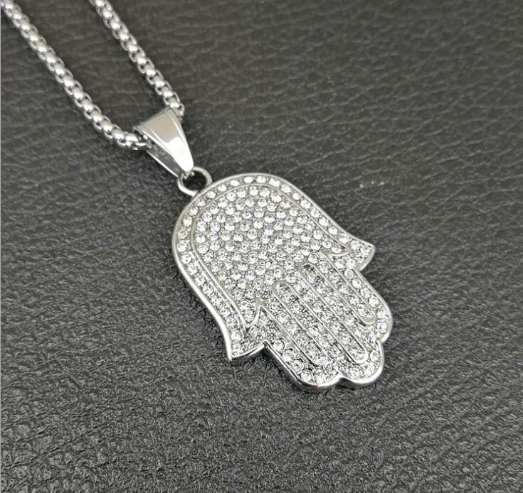 Mens lucky hamsa hand pendant necklace hip hop Rock style Full cubic zirconia 24" rope chain silver gold plated cz men necklace WY015