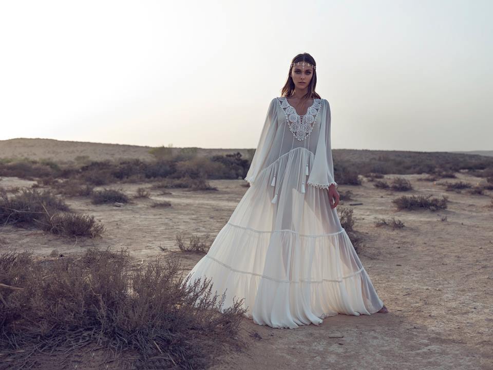 Asaf Dadush Vintage Wedding Dresses Lace V Neck Illusion Chiffon Long Sleeve Plus Size Bohemian Wedding Dress Cheap Bridal Gowns