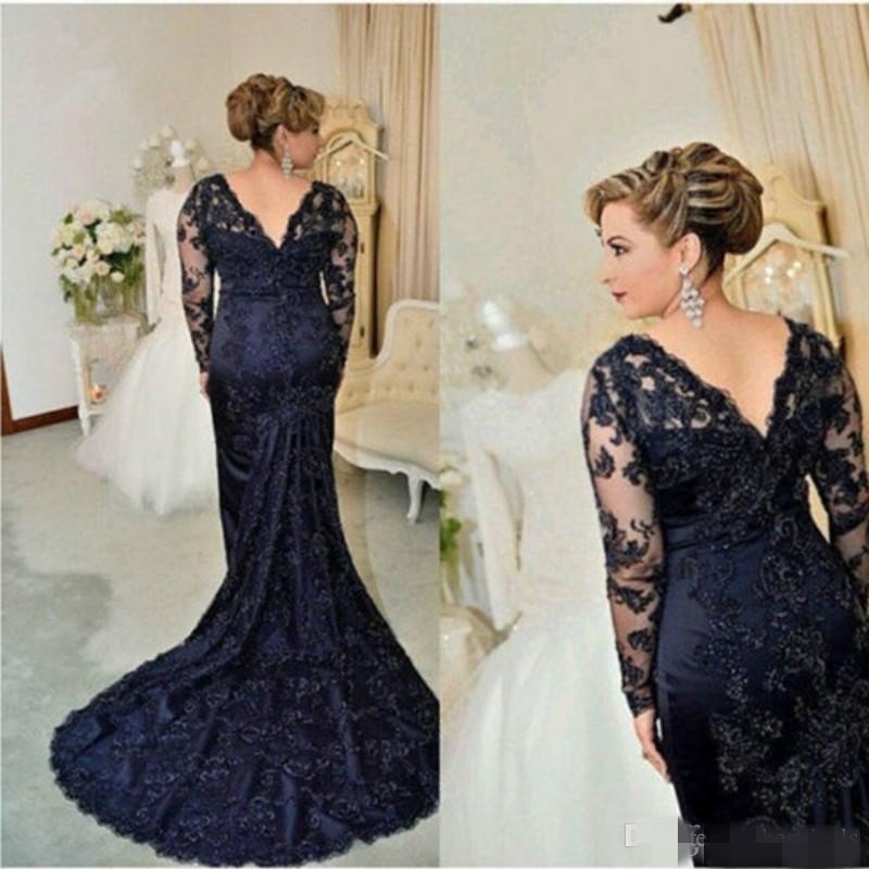 Navy Blue Beading Mother of Bride Dresses Long Sleeves V Neck Illusion Lace Applique Plus Size Sweep Train Formal Evening Gown