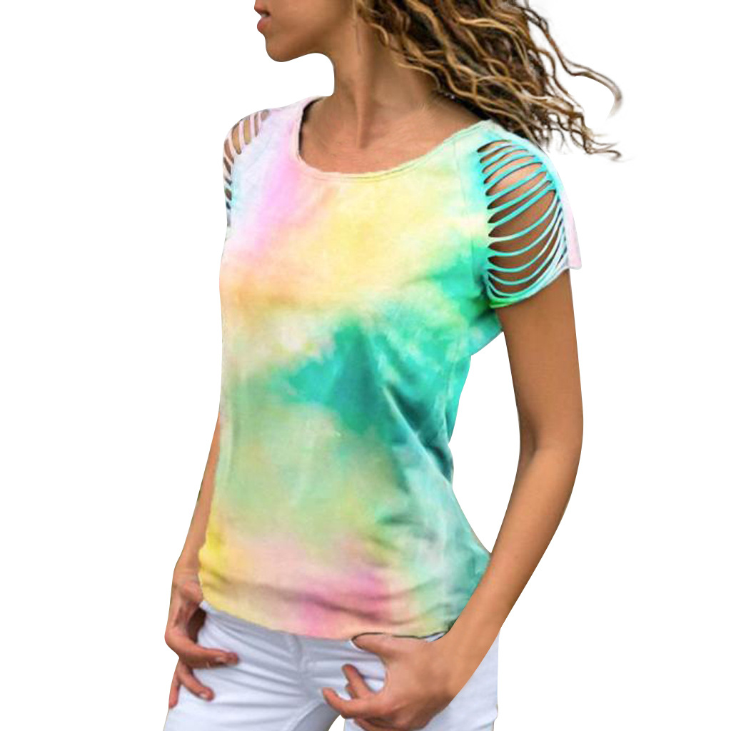 2020 Plus Size Summer Fashion Women Casual Gradient Print Round Neck Short Sleeve Ripped Hole Tee Shirt Hip Hop T-shirt Top Female