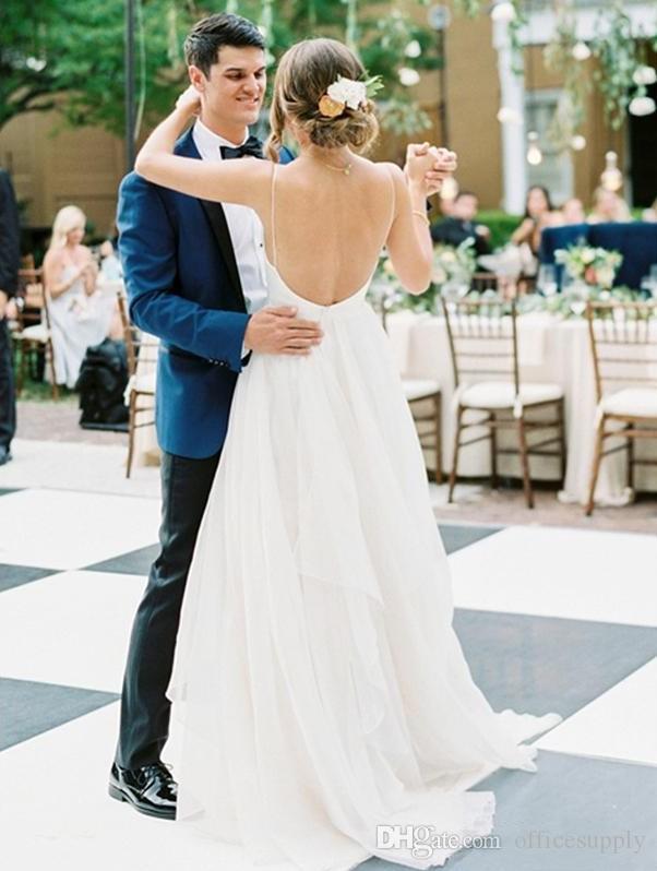 White Beach Sexy Dresses A Line Spaghetti Chffion Ruffle Floor Length Cheap Bridal Gowns Backless Wedding Dress Custom Made