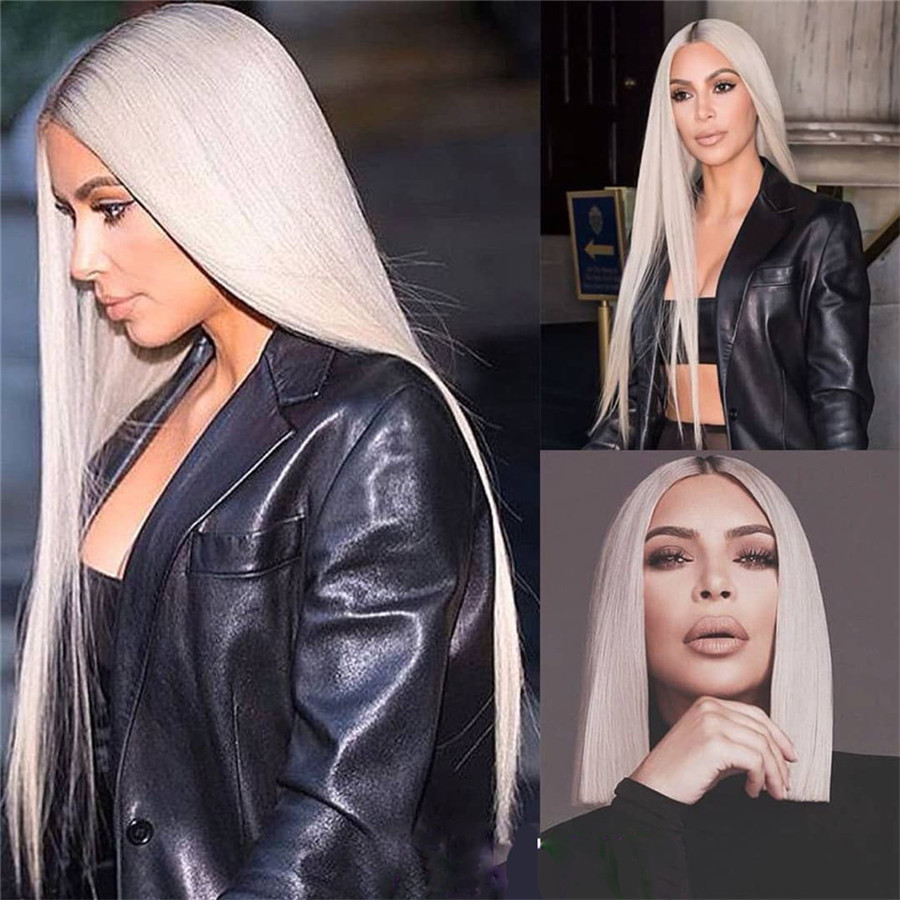 Long 30inches straight brazilian Full lace front Wig Ombre grey color heat resistant hair synthetic Wig for Women preplucked