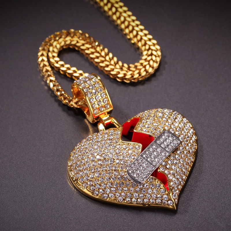 Mens Hip Hop Necklace Iced Out Broken Heart Pendant Necklaces Fashion Jewelry